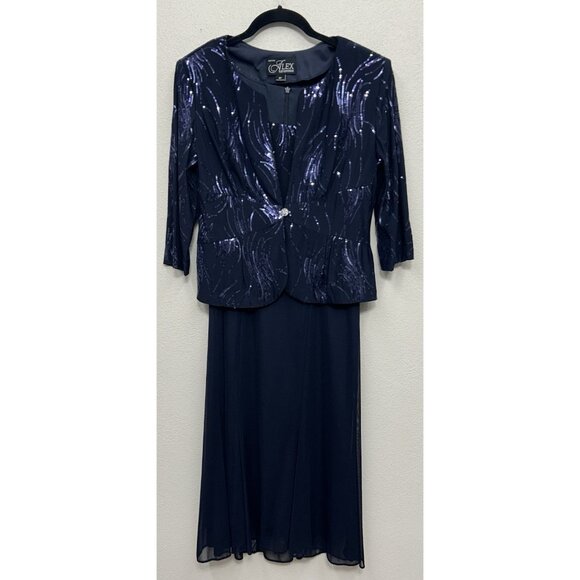 Alex Evenings sequin dress jacket set 8 petite Navy Mother Of The Bride Formal - Picture 1 of 9